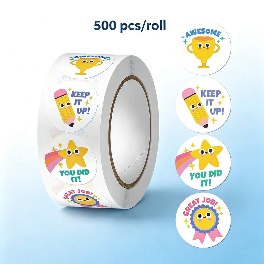 500pcs/Roll School Student Cartoon Reward Stickers, 1 Inch Round 4 Patterns, Gift Box Packaging, Children Reward Stickers, Scrapbook Stickers DIY Decoration, PVC Self-Adhesive Label Stickers - Multicolor - View 1