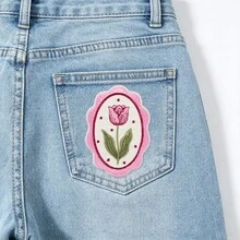 1pc Vintage Lace Oval Pink Tulip Embroidered Fabric Patch, Pastoral Style Flower Iron-On Patch For Dress, Backpack, Clothing DIY Decoration Embroidery Label - A - View 7