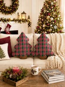 1pc Christmas Tree Shaped Plaid Pattern Throw Pillow, Soft Filled Decorative Cushion, Christmas Holiday Home Decor Pillow, Suitable For Sofa, Living Room, Bedroom - Red and Green Plaid - View 4