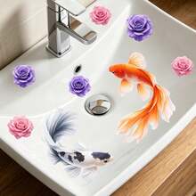1 buah Stiker Dekoratif Tempel Sendiri untuk Wastafel Kamar Mandi Motif Ikan Koi & Bunga Mawar 2D, Dapat Dilepas - Beraneka warna - View 5