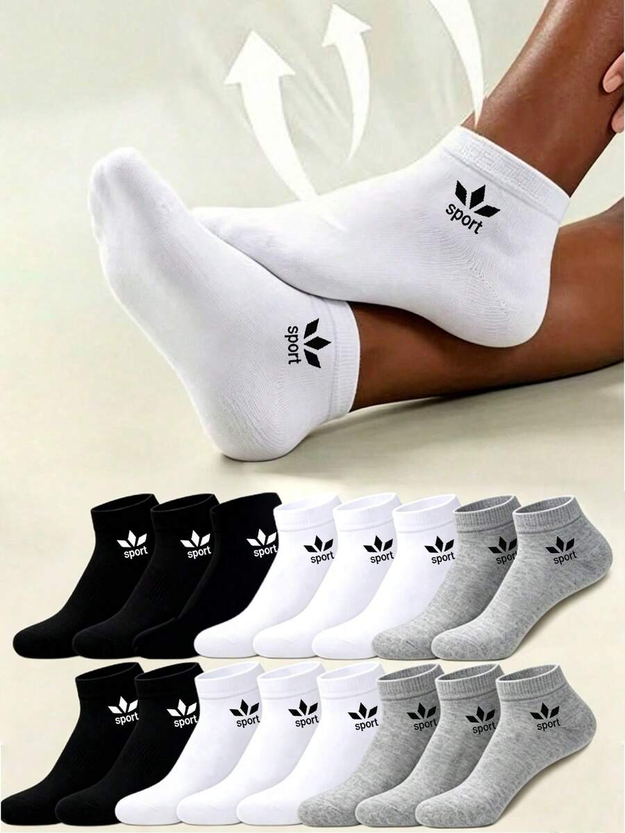 1/6/12 Pairs Men's Letter Print Solid Color Boat Socks, Sweat-Absorbent Breathable Soft Invisible Socks, Couple Socks, Unisex, Suitable For Daily, Sports, Home, Back To School, All Seasons - Multicolor - View 1