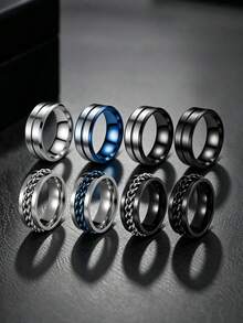 8PCS Simple Polished Stainless Steel Men's Rings, Punk Chain Spinner Rings, Versatile Men Jewelry For Daily Party Business Banquet - Multicolor - View 5