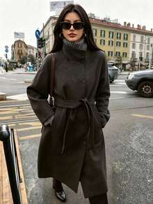 DEEKA Autumn/Winter New Fashion Minimalist Commuter Stand Collar Belted Coat Jacket For Women Fall - Brown - View 1