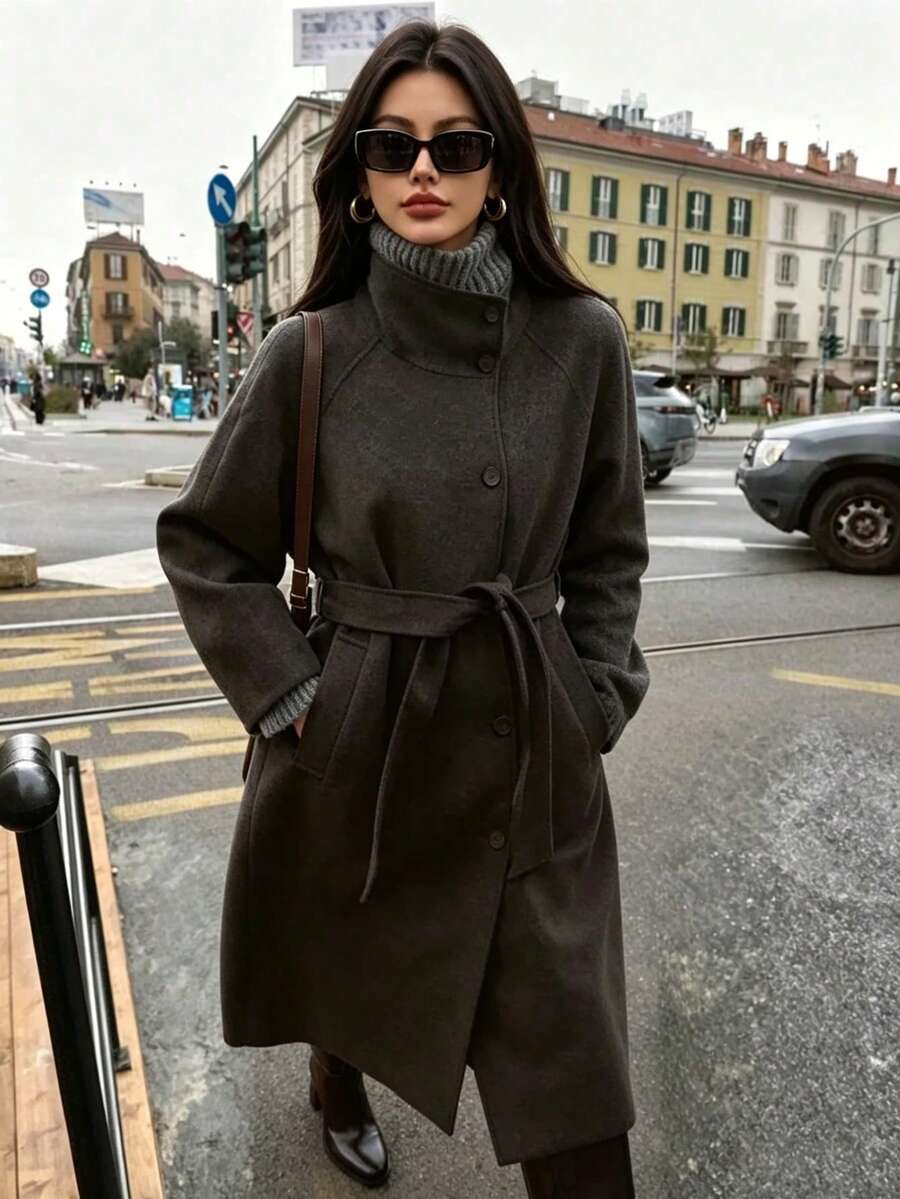 DEEKA Autumn/Winter New Fashion Minimalist Commuter Stand Collar Belted Coat Jacket For Women Fall - Brown - View 1