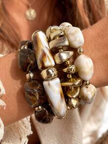 4pcs French Vintage Slouchy Resin Marble Pattern Elastic Beaded Bracelet Set, Suitable For Women Daily Autumn/Winter Vacation Photography Artistic Outfit Gift - Multicolor - View 2