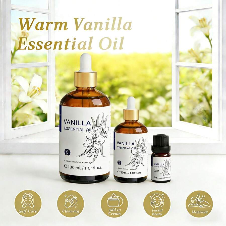 Minyak Esensial Vanila Murni HIQILI, Aroma Hangat, 10mL/30mL/100mL, Cocok untuk Relaksasi, Perawatan Kulit, Mandi, Diffuser, Pelembap Udara, Aromaterapi, Pengharum Ruangan, Aroma Tahan Lama, Pembuatan Sabun dan Lilin Buatan Tangan, Hadiah Terbaik untuk Ulang Tahun, Hari Valentine, Hari Raya