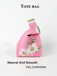 Pink Floral Knitted Wrist Bag, Gentle Flower Print Mini Woven Handbag - Pink - View 5