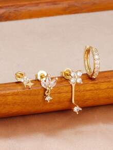 Juego de 4 piezas de pendientes dorados, con circonita cúbica cuadrada, estrella, flor, hoja, trébol y aros, cuidadosamente diseñados como joyería apilable de múltiples perforaciones para mujeres, para uso diario, fiestas y celebraciones - Dorado - Ver 3