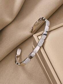 Conjunto de pulseras minimalistas de plata de moda, decoradas con circonita cúbica chapada en cobre, adecuadas para fiestas y reuniones - Plateado - Ver 4