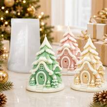3D Pine Tree Snow House Shaped Scented Candle Silicone Mold, DIY Christmas Craft Gift And Candle Ornament Making Mold, Reusable And Easy To Demold - Transparent White - View 6