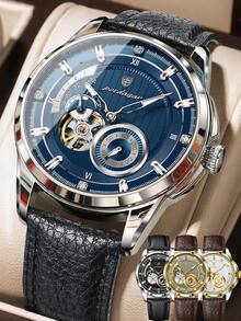POEDAGAR 1pc Business Men's PU Leather Automatic Mechanical Skeleton Tourbillon Watch, Fashion Waterproof Luminous Wristwatch For Daily Occasions, Men's Gift - one-size - View 2