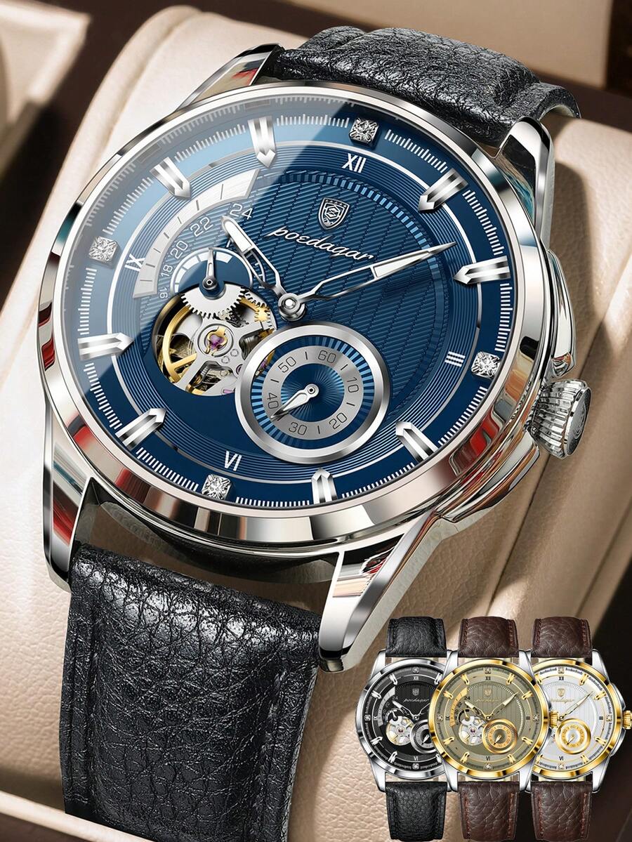 POEDAGAR 1pc Business Men's PU Leather Automatic Mechanical Skeleton Tourbillon Watch, Fashion Waterproof Luminous Wristwatch For Daily Occasions, Men's Gift