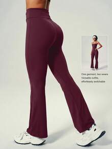 UONNOU Peach Butt-Lifting Flare Leg Jumpsuit, Halter Square Neck Backless Yoga Jumpsuit - Burgundy - View 2