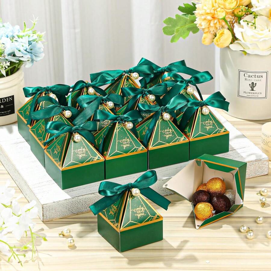 10pcs/Pack Party Gift Boxes, Paper Candy Small Gift Boxes, Green Ribbon Boxes, Birthday Wedding Return Gift Boxes, Pearl Ribbon, Suitable For Various Festivals - Green - View 1