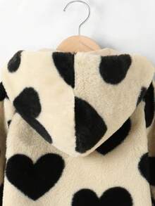 Tween Girls Heart Pattern Faux Fur Hooded Coat Winter Warm Fleece Fuzzy Thermal Jacket - Khaki - View 3