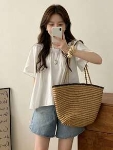 YCYC Women's Summer Solid Color Minimalist Casual Loose Pleated Square Neck Blouse White - White - View 2
