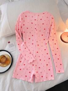 Girl Cute Bow Print Ribbed Pajama, Square Neck Long Sleeve Button Front Romper Sleepwear, Soft Stretchy Loungewear For Home Nightwear Teenager - Pink - View 4