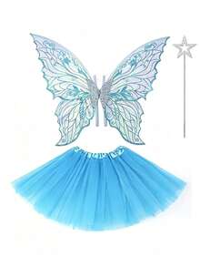 Multi-Color Laser Sequin Butterfly Fairy Wings Set + Fairy Dress + Star Magic Wand Complete Set. Halloween Cosplay / Forest Theme Photography / Birthday Party Props - Multicolor - View 13