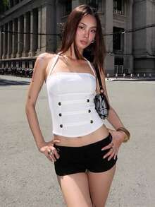 Atasan Rajut Tanpa Lengan Model Halter Neck Tanpa Punggung dari Top Dazzle untuk Wanita, Hem Asimetris, Detail Kancing, Elastisitas Sedang, Potongan Reguler - Putih - View 5