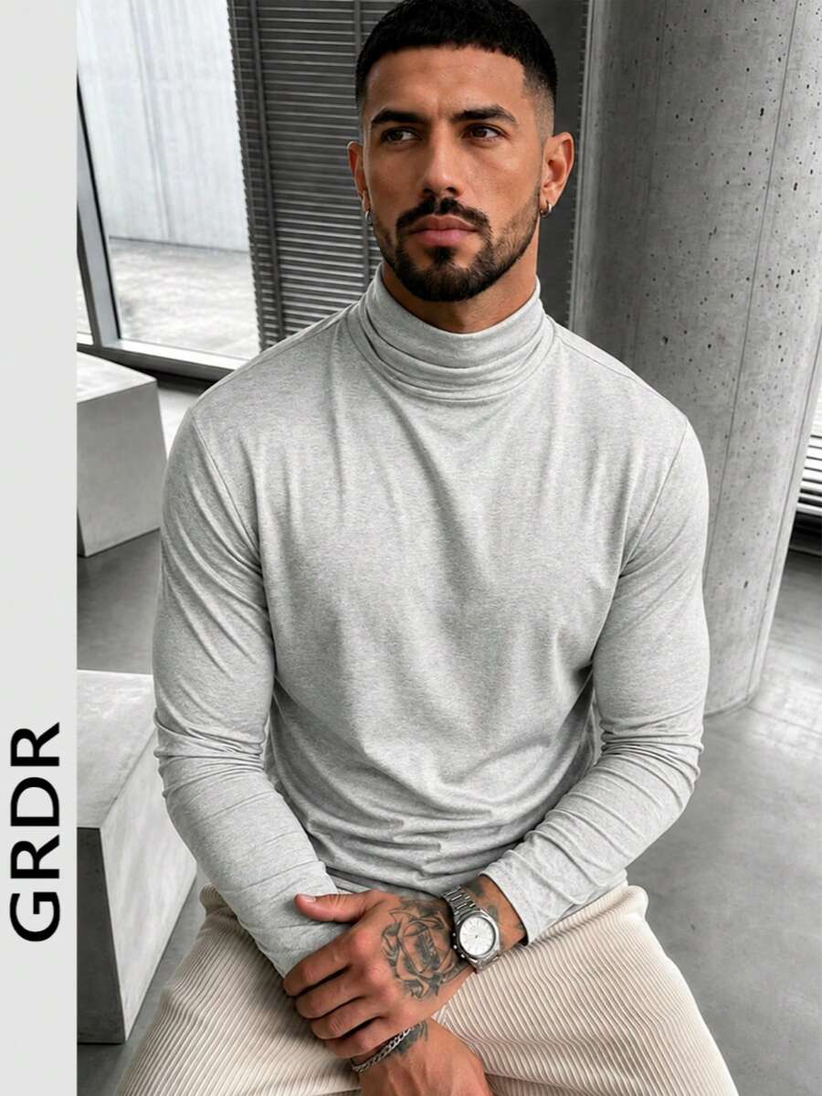 Men's Spring/Autumn Turtleneck Long Sleeve T-Shirt, Suitable For Outdoor Casual Wear - Light Grey - View 1