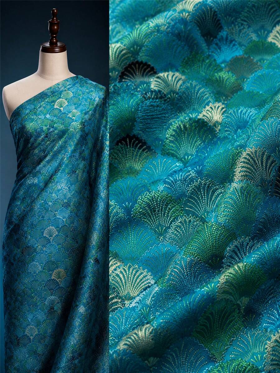 1pc Blue-Green Satin Jacquard Fabric, Traditional Fan Pattern, Shiny Metallic Thread Woven Material, Suitable For Cheongsam, Clothing, Evening Gown, Bag Making, Home Decor And DIY Sewing Crafts - Multicolor - View 1