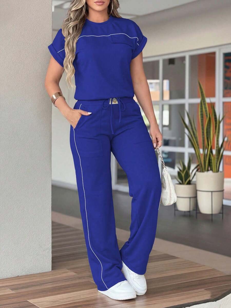 春秋女款新款純色極簡圓領短袖上衣與高腰直筒長褲兩件套 - 彩蘭43 - 查看 1