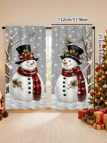 2Pcs Christmas Holiday Curtains, Winter Snowman Tree Snowflake Pattern Curtains, Semi-Sheer Rod Pocket Holiday Window Decor, Suitable For Living Room And Bedroom, Rod Not Included - Multicolor - View 12
