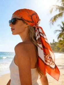 1pc Women's Large Floral Print Square Scarf, 60cm Large Size Satin Silky Feel Square Scarf Headscarf - Orange - View 7