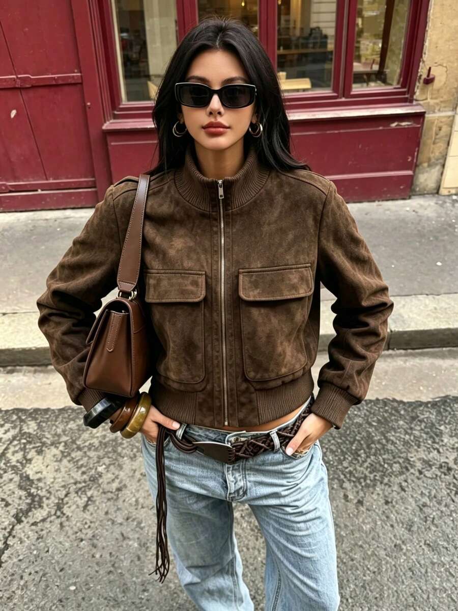 DEEKA Spring/Autumn New Women's European And American Style Minimalist Ribbed Stand Collar Flight Jacket, Suede Texture Casual Versatile Outerwear - Brown - View 1