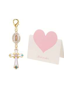 Vintage-Style Rhinestone And Enamel Cross Amulet Keychain Featuring A Virgin Mary Pendant; Suitable As A Bag Charm, Car Key Accessory, Or Holiday Gift - Multicolor - View 13