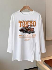 Women's American Vintage Tokyo Racing Car Print Long Sleeve T-Shirt, Loose Fit Side Slit, Street Style Oversize Top Casual - White - View 4