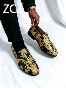 ZCZ Men's Spring/Summer New Pointed Toe Formal Dress Shoes, Casual Embroidered Fashion Loafers, Slip-On - Yellow - View 4