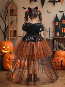 Young Girls Puff Sleeve Black Sequin Contrast Mesh Halloween Party Princess Dress With Train, Suitable For Prom, Does Not Include Headband And Bag - Orange - View 2