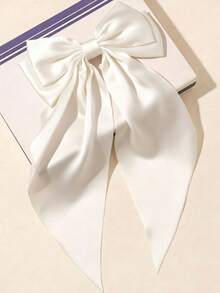4Pcs Kids Girls Satin Large Bow Hair Clips Solid Color Long Ribbon Design Hair Barrettes Sweet Style Hair Accessories For Daily Party Holiday - White - View 3