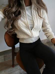 MORI Autumn/Winter Y2K Elegant Beige Faux Collar Zipper Placket Ribbed Trim Cable Knit Sweater Top For Women, Casual Outing And Vacation Outfit - Off-white - View 3