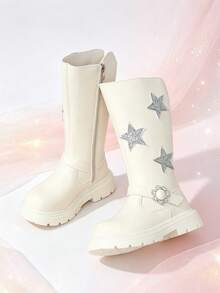 1 Pair Girls' Tall Riding Boots, Silver Star + Flower Rhinestone Decor, Elastic Soft Sole With Inner Zipper Design, Cute Princess Style Long Boots, Suitable For Daily Wear, School, Holidays, Parties, Autumn/Winter New - Apricot - View 4