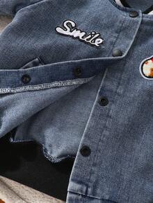 MYVLNA Unisex Baby Blue Denim Baseball Jacket, Bear & Letter/Number Patch Decor, Black & White Striped Ribbed Collar, Cuffs & Hem, Single-Breasted Snap Front, Slanted Pockets, Casual Collegiate Style - Blue - View 7