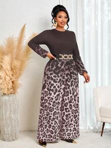 BIUBIU Women's Plus Size Leopard Print Long Jumpsuit With Long Sleeves, Round Neck, Ruched Detailing, And Pockets, Made From Medium Stretch Knitted Fabric - Coffee Brown - View 3