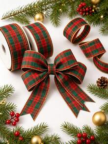 10 Yards Red And Green Plaid Ribbon With Luxury Gold Trim Pattern, Suitable For Gift Wrapping, Holiday Celebrations, Making Bows, Wreaths And Other DIY Crafts - Multicolor - View 8