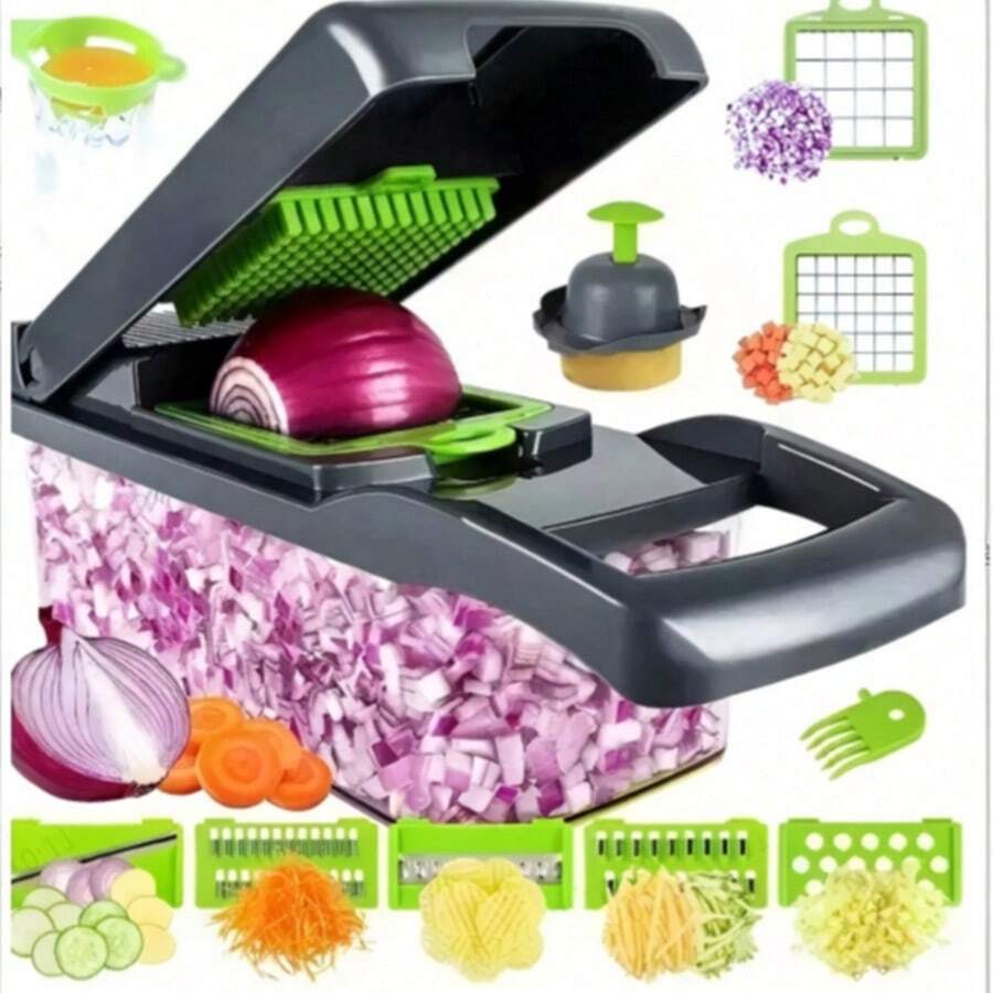 Vegetable Chopper, Vegetable And Fruit Slicer, Food Grater, Cutter (With Container), Onion Chopper (With Multiple Interchangeable Blades), Potato Chopper, Kitchen Supplies, Kitchen Gadgets - View 1