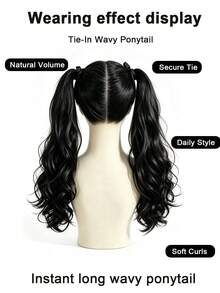 Tie-Up Double Wave Ponytail Hair Extensions, Synthetic Fiber Curly Drawstring Ponytail Wig, Suitable For Girls, Soft Large Wave Curly Hair Piece, Easy To Wear, Suitable For Daily, Halloween, Christmas Party And Cosplay, Multiple Lengths Available - Multicolor - View 6