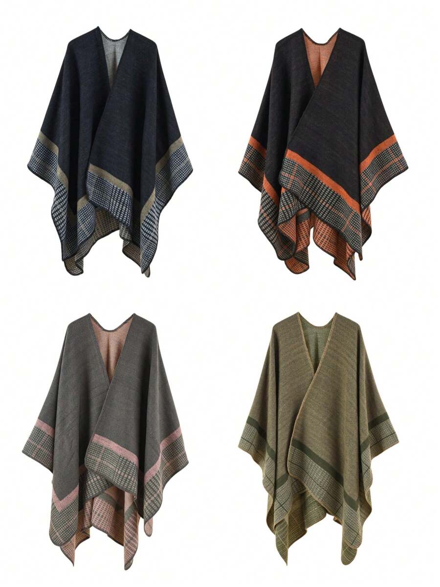 1pc Men's Colorblock Plaid Trim Warm Cape Shawl, Loose Windproof Long Woven Cardigan Coat, Multiple Colors Available - Multicolor - View 1