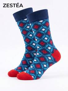 1 Pair Unisex Blue & Red Colorblock Vintage Geometric Pattern Breathable Retro Mid-Calf Socks, Suitable For Daily Wear - Multicolor - View 3