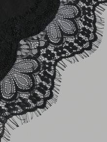 minisummer Women's Elegant Autumn Black V-Neck Long Sleeve Cropped Top, Eyelash Lace Hem Fitted Basic Blouse, Suitable For Casual Wear - Black - View 4