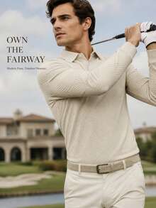 1pc Men's Breathable Golf Polo Shirt, Long Sleeve Button Placket, Lightweight & Comfortable, Regular Fit, Club Outdoor Golf Performance Top - Khaki - View 1