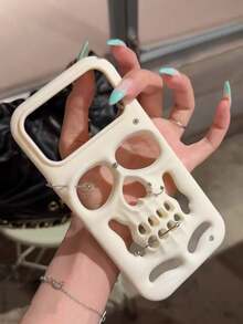 Premium White Hollow Skull Design Full Edge Protective Phone Case Compatible With Iphone 14 Pro Max, 16, 16 Pro Max, 17, 18, Anti-Drop Shockproof Cover For Women, Niche Style - White - View 2