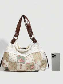 Floral Plaid Pattern Lace Patchwork Decor Soft Tote Bag, Relaxed Silhouette, Mori Style, Suitable For Campus, Outings, Shopping, Travel, Artistic Vibe, Large Capacity Shoulder Bag - Green - View 3