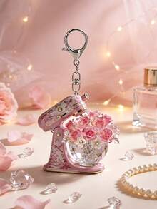 2D Flat Pink Vertical Blender Flower Keychain, Vintage Bird & Flower Print Blender Pendant. Baking Gift, Cooking Enthusiast Souvenir, Car Key, Backpack, Wallet, Handbag, Purse Charm, Gift For Baker, Cooking Enthusiast, Pastry Chef, Florist, Suitable Birthday Gift, Halloween, Christmas - Multicolor - View 3