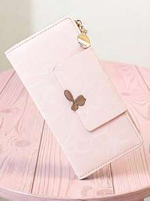 Long PU Wallet With Colorblock Decoration, Fashionable Exquisite Slim Design, With Buckle, Multifunctional, Can Be Used As Wallet And ID Holder, Compact And Lightweight, Easy To Carry - Pink - View 1