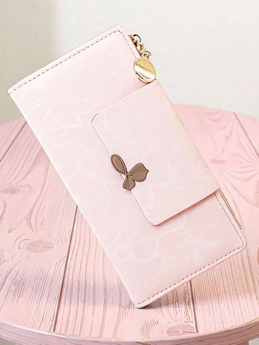 Long PU Wallet With Colorblock Decoration, Fashionable Exquisite Slim Design, With Buckle, Multifunctional, Can Be Used As Wallet And ID Holder, Compact And Lightweight, Easy To Carry - Pink - View 1